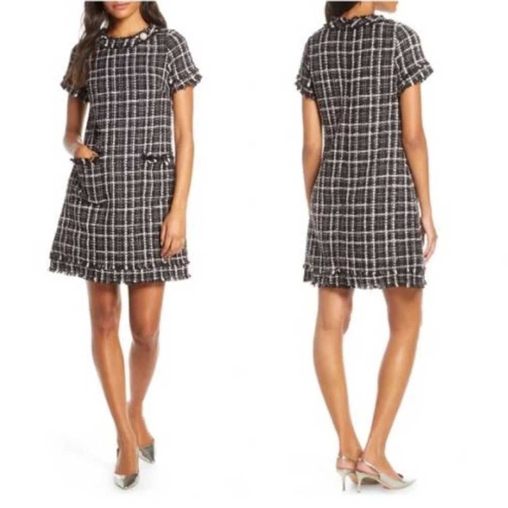 Black & White Tweed Short Sleeve Shift Dress